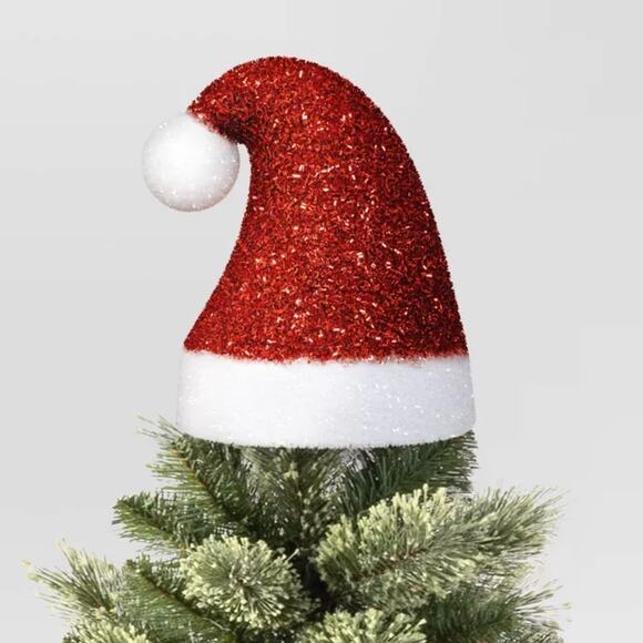 Tinsel Floppy Santa Claus Hat Christmas Tree Topper 10" Shimmer Holiday RedWhite - Picture 1 of 4